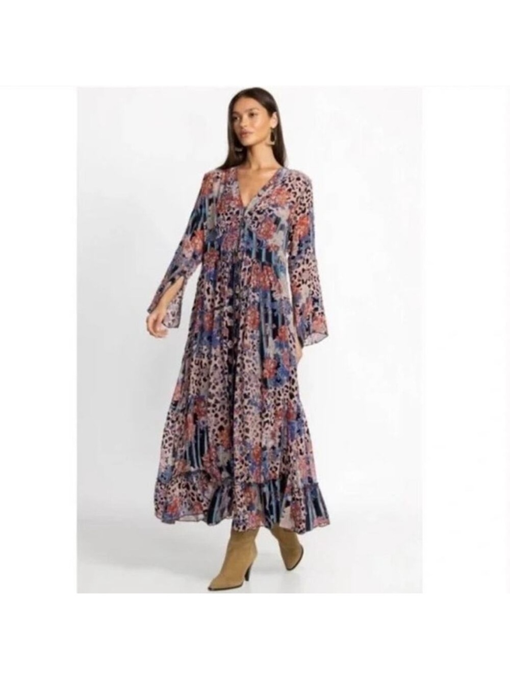 NWOT Johnny Was Floral & Leopard Print Maxi Dress in Navy, Pink, Blue.